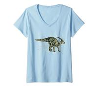 Femme Parasaurolophus - Amoureux des Dinosaures T-Shirt avec Col en V, Bleu Céleste, XL