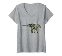 Femme Parasaurolophus - Amoureux des Dinosaures T-Shirt avec Col en V, Gris Chiné, S
