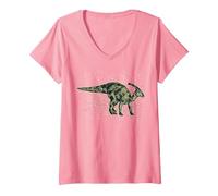 Femme Parasaurolophus - Amoureux des Dinosaures T-Shirt avec Col en V, Rose, S