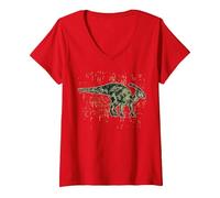 Femme Parasaurolophus - Amoureux des Dinosaures T-Shirt avec Col en V, Rouge, M