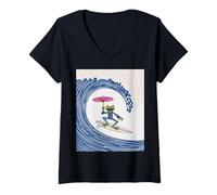 Femme Parasol Amusant Grenouille Surf Vague Kimono Humour Japonais T-Shirt avec Col en V