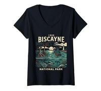 Femme Parc National de Biscayne - Design Vintage rétro Aventure T-Shirt avec Col en V