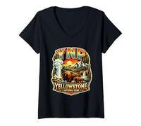 Femme Parc National de Yellowstone Bison Geyser Wyoming YNP Retro T-Shirt avec Col en V