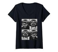Femme Paresseux Amusants avec Lunettes de Soleil, Animaux rétro, Coupe de Cheveux Meme Bob T-Shirt avec Col en V