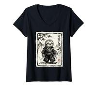 Femme Paresseux Japonais Samouraï Sumi-e Ink Wash Art Warrior T-Shirt avec Col en V