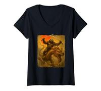 Femme Paresseux Ninja équitation Dragon Japonais Samouraï Combat Ukiyo-e T-Shirt avec Col en V