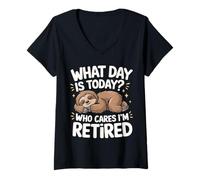 Femme Paresseux Quel Jour est-il Aujourd'hui? Who Cares I'm Retired T-Shirt avec Col en V