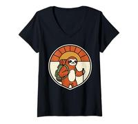Femme Paresseux Randonnée Motif Badge Retro Soleil T-Shirt avec Col en V