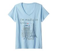 Femme Paris, Dessin à la Main du Louvre et de la Tour Eiffel, Love T-Shirt avec Col en V