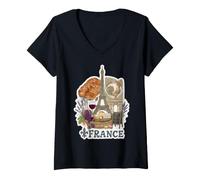 Femme Paris France Tour Eiffel Fromage Vin Croissant Vintage GRAP T-Shirt avec Col en V