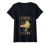 Femme Paris Frog French Croissant Café Art Japonais Petit Déjeuner T-Shirt avec Col en V