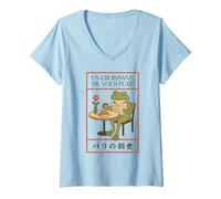 Femme Paris Frog French Croissant Café Art Japonais Petit Déjeuner T-Shirt avec Col en V