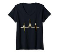 Femme Paris Skyline Battement de Cœur I Love Tour Eiffel Amour T-Shirt avec Col en V