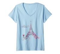 Femme Paris Tour Eiffel Avec Vélo Filles Garçons Voyage Vacances T-Shirt avec Col en V