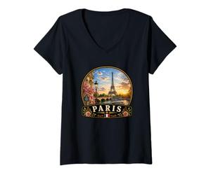 Femme Paris Tour Eiffel Rivière Seine Floral T-Shirt avec Col en V