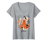 Femme Parisienne Nuit Balade Art Romantique Femmes Paris Tour Eiffel T-Shirt avec Col en V