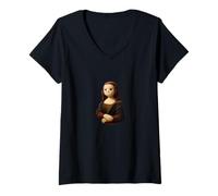 Femme Parodie en Peluche Mona Lisa - Mignon Sourire Renaissance T-Shirt avec Col en V