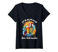 Femme Parrot Drinking Its Beer O'Clock Somewhere Always 5 O Clock T-Shirt avec Col en V