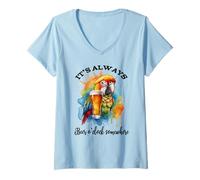 Femme Parrot Drinking Its Beer OClock Somewhere Always 5 O'Clock T-Shirt avec Col en V
