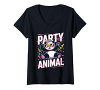 Femme Party Animal Panda Tee Funny Cool Lunettes de Soleil Casquette Style rétro T-Shirt avec Col en V