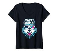 Femme Party Animal Wolf with 3D Glasses Funny Rave Graphic T-Shirt avec Col en V