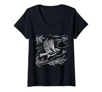 Femme Paruline Cerulee Dessin Ornithologue T-Shirt avec Col en V
