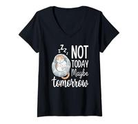 Femme Pas Aujourd'hui Peut-être Demain Chat dormeur T-Shirt avec Col en V