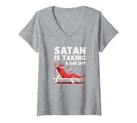 Femme Pas Aujourd'hui Satan : Vacationing Devil sirote Un Cocktail T-Shirt avec Col en V, Gris Chiné, XXL
