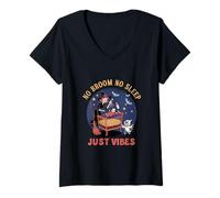 Femme Pas de Balai, Pas de Sommeil, Juste des Vibrations pour Une Jeune mère, sorcière d'halloween T-Shirt avec Col en V