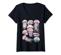 Femme Pastel Méduses Dreamy Art Océan Animaux Marins Y2k Années 2000 T-Shirt avec Col en V