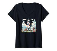 Femme Pastel Patchwork Phare Bord de Mer Cottage Scène T-Shirt avec Col en V
