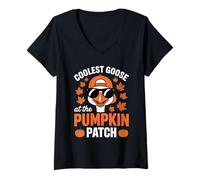 Femme Patch « Coolest Goose at The Pumpkin » pour Halloween et Thanksgiving T-Shirt avec Col en V