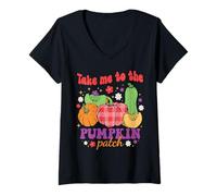 Femme Patch « Take Me To The Pumpkin » - Patch de citrouille d'automne pour Thanksgiving T-Shirt avec Col en V