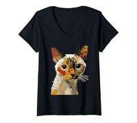 Femme Patchwork Chat Siamois Boho Collage Quilt Art Feline Animal T-Shirt avec Col en V