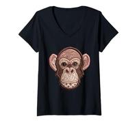 Femme Patchwork Chimpanzé Floral Animal Folk Art Chimpanzé Graphique T-Shirt avec Col en V