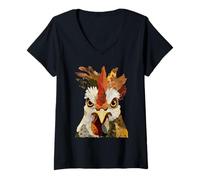 Femme Patchwork Coq Boho Animal Collage Quilt Art Graphic T-Shirt avec Col en V