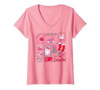 Femme Patchwork de Noël rétro Vacances Ho Ho Ho Tis la Saison T-Shirt avec Col en V