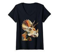 Femme Patchwork Mignon tricératops Boho Dinosaur Collage Quilt Art T-Shirt avec Col en V