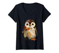Femme Patchwork Pingouin Boho Animal Collage Quilt Art Graphic T-Shirt avec Col en V