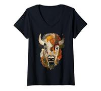 Femme Patchwork Rustique Bison Boho Animal Collage Quilt Art Graphic T-Shirt avec Col en V
