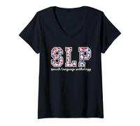 Femme Pathologue du langage de la Parole Florale SLP 4 Juillet T-Shirt avec Col en V