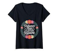 Femme Patience Please My Brain is Busy Doing Repairs - T-Shirt avec Col en V