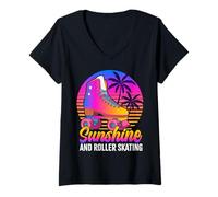 Femme Patinage à roulettes - Soleil et roller T-Shirt avec Col en V