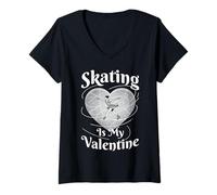 Femme Patinage Artistique is My Valentine Woman Patineuse sur Glace Cœur T-Shirt avec Col en V