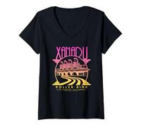 Femme Patinoire à roulettes Olivia Newton-John Xanadu, Logo décoloré Rose et Jaune T-Shirt avec Col en V