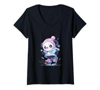 Femme Patins à Glace Panda Patineur Artistique T-Shirt avec Col en V