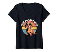 Femme Patio Best Summer Ever Teckel Camp Vacances Croisière T-Shirt avec Col en V