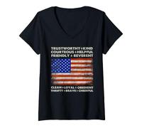 Femme Patriotic Scout Values Drapeau américain Devise Mots Kind Brave T-Shirt avec Col en V