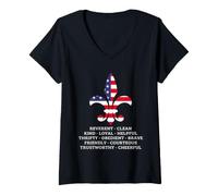Femme Patriotic Scout Values Drapeau américain Devise Mots Kind Brave T-Shirt avec Col en V
