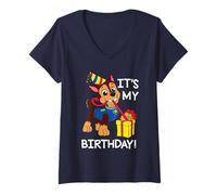 Femme Paw Patrol It's My Birthday Happy Birthday Chase T-Shirt avec Col en V